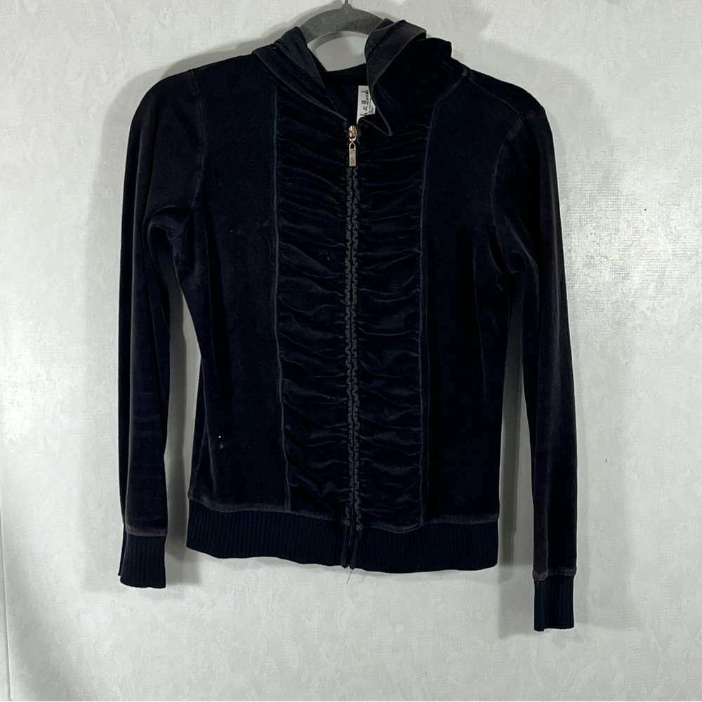 Plush & Lush Black Velvet Lightweight Hoodie Jacket Ruched Details Note-spot